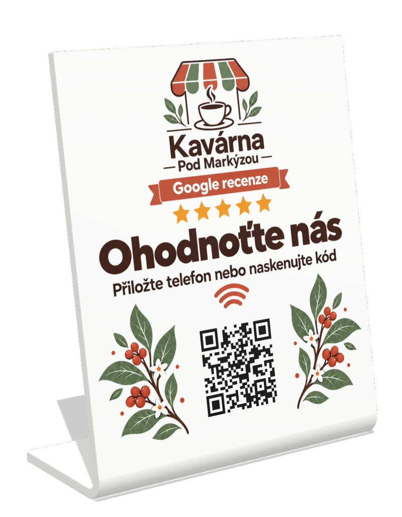Stojánek na Google recenze s ukázkovým návrhem pro vymyšlenou Kavárnu Pod Markýzou